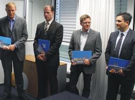 Verleihung Max-Eyth-Nachwuchsf�rderungspreise 2011 (v.l.n.r.): Thomas Machl, Stephan Schrand, Thomas Pippes, Fridon Gaprindashvili&copy; J. Frisch