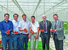 Die G�rtner Carsten Knodt, Wilhelm Baum, Matthias Draek und Dirk Drie�en, au�erdem Henning Schmidt von Landgard und Kraftwerksleiter Dr. Eberhard Uhlig (von links). (Bild: Rouven Zietz)